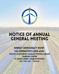 an image of a solar farm with the Energy Democracy Now! Logo and text reading "Notice of Annual General Meeting"