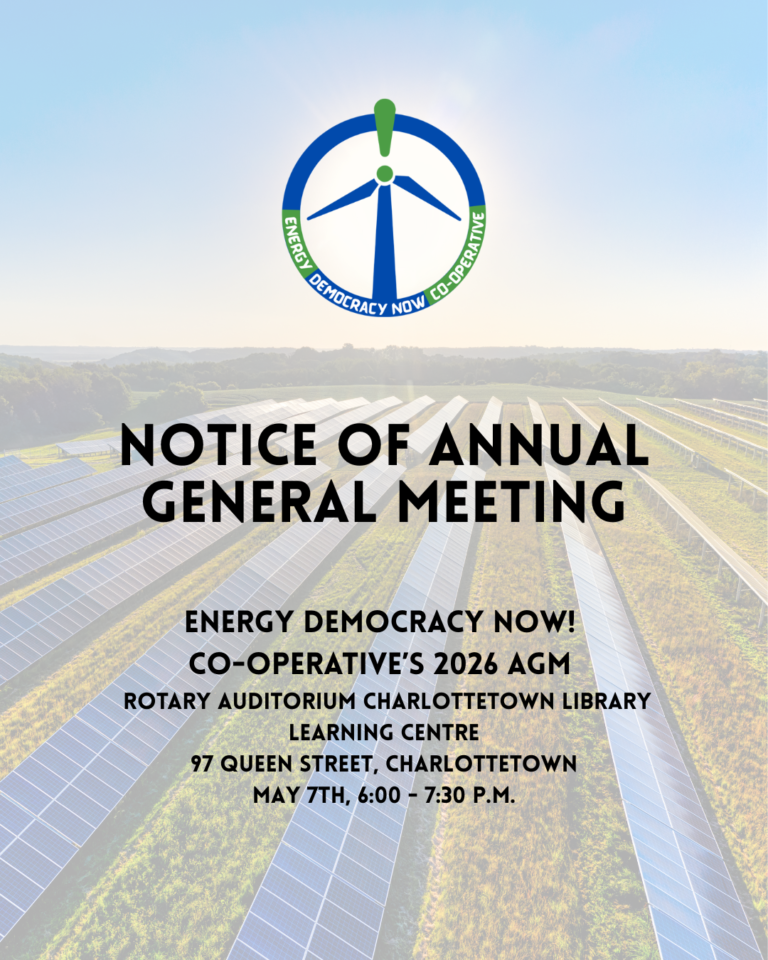 an image of a solar farm with the Energy Democracy Now! Logo and text reading "Notice of Annual General Meeting"